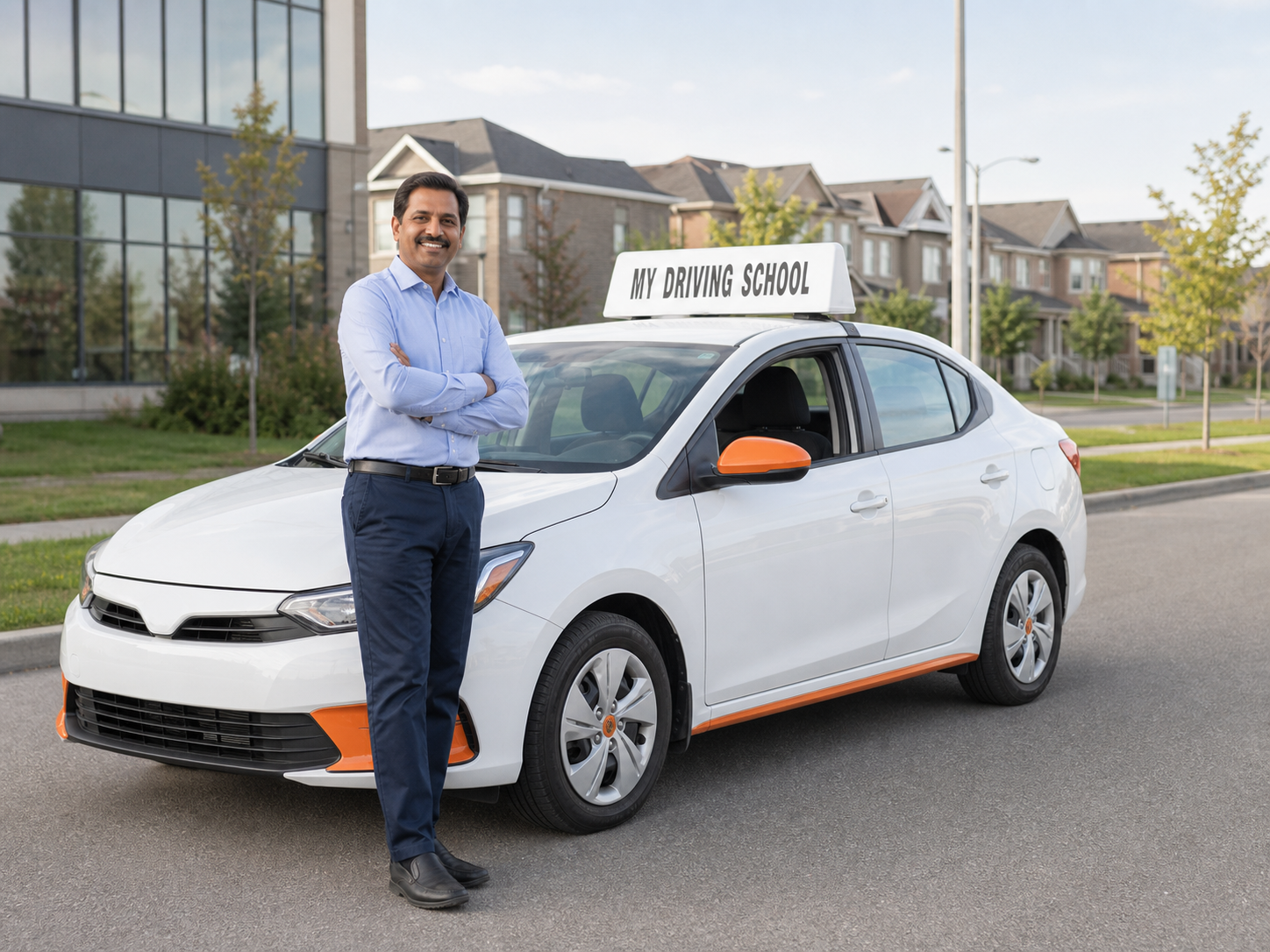Sanjay, a My Driving School instructor, beside the training car