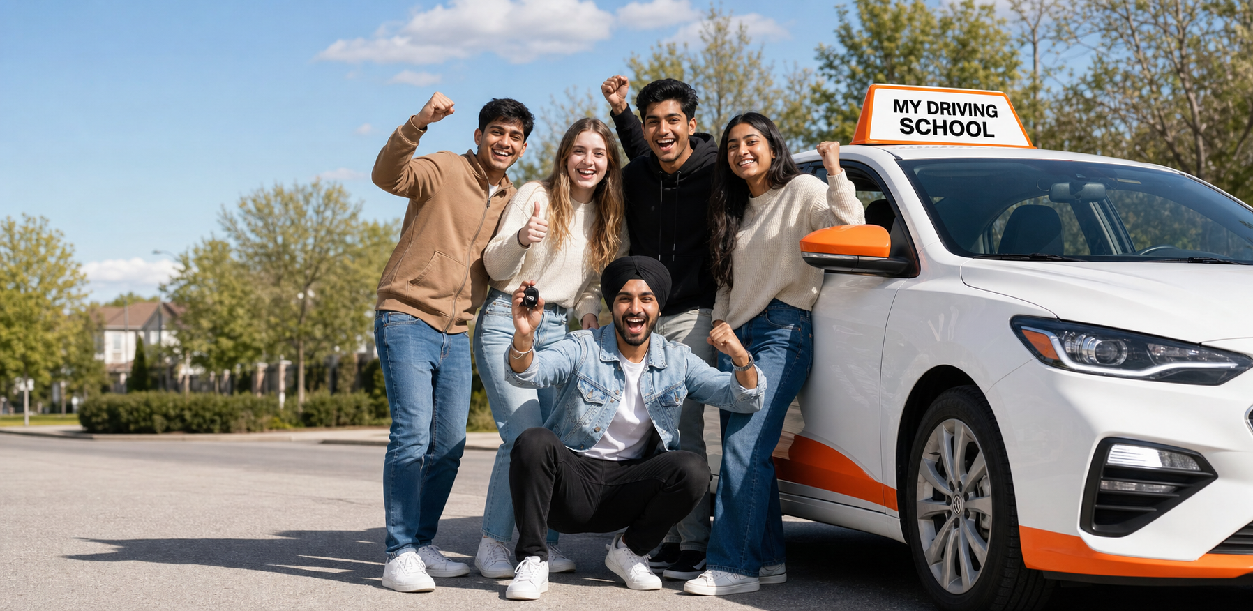 Young drivers celebrating with a My Driving School car in Brampton